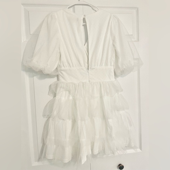 Lulu’s Dramatic Poise White Dot Tulle Puff Sleeve Tiered Mini Dress - Picture 10 of 12
